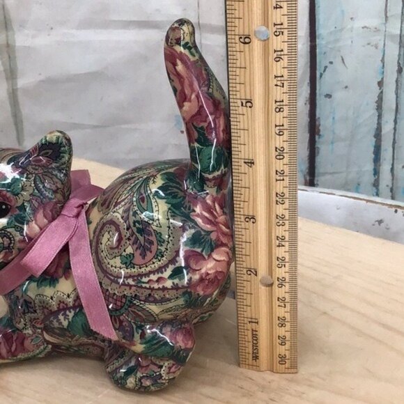 Joan Baker Patchwork Cat Figurine Pink Bow Paisley Print Ring Holder Collectible - Picture 5 of 6